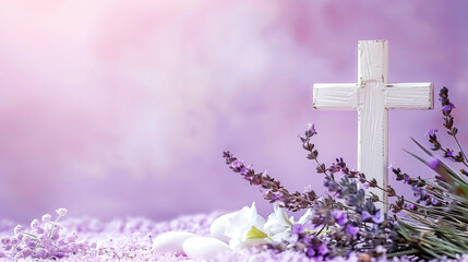 Wall Mural - A Purple Background Adorned with a Crucifix, Surrounded by the Soothing Scent of Lavender