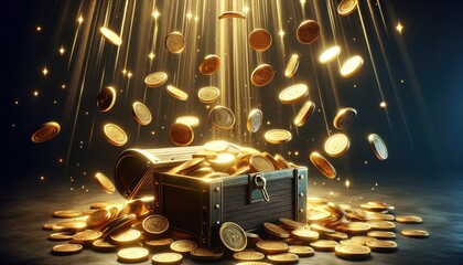 Wall Mural - An open treasure chest spilling an abundance of glowing gold coins on a dark wooden surface, representing wealth and discovery.