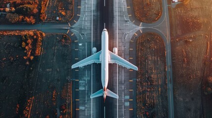 Wall Mural - Top down view on comercial airplane docking in terminal in the parking lot of the airport apron, waiting for services maintenance, refilling fuel services after airspace lock down. Modern airliner