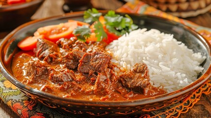 Wall Mural - Traditional Beef Stew with White Rice and Fresh Vegetables in Rustic Kitchen Setting
