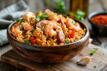 Wall Mural - Delicious Spicy Shrimp Jambalaya in Wooden Bowl on Rustic Table with Ingredients