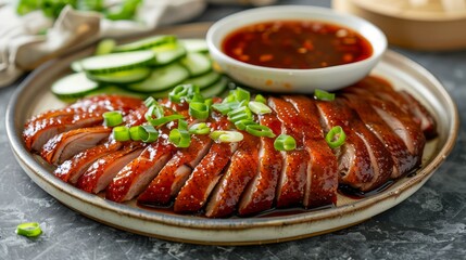 Wall Mural - Delicious Glazed Roasted Duck Slices on Plate with Cucumber and Sweet Chili Sauce on Dark Stone Background