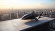 evtol futuristic passenger transport on the roof of a building overlooking the metropolis