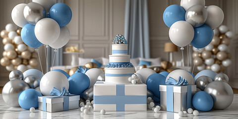 Canvas Print - Interior with blue and silver balloons, gift boxes for birthday party