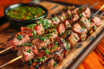 Wall Mural - Grilled Beef Skewers Garnished with Fresh Herbs and Spices Served on Wooden Board with Green Sauce