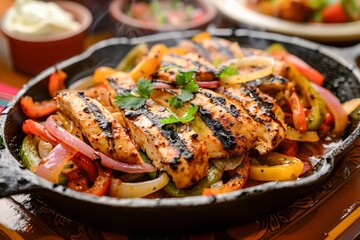 Wall Mural - Sizzling Chicken Fajitas on Hot Iron Skillet with Grilled Vegetables and Spices on Rustic Wooden Table Background