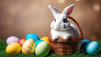 Wall Mural - Easter bunny in basket with easter eggs on green grass