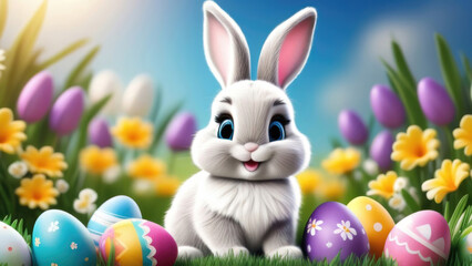 Wall Mural - Cute Easter bunny with colorful eggs on green grass with spring flowers background