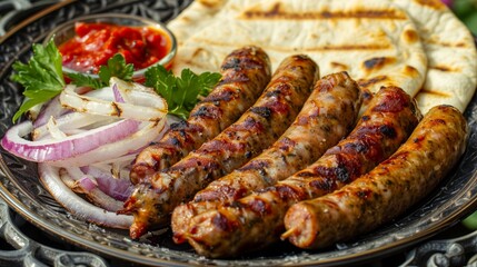 Wall Mural - Grilled Juicy Sausages Served on a Hot Pan with Flatbread, Fresh Onion Rings, and Spicy Sauce