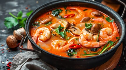 Wall Mural - Spicy Seafood Soup with Shrimp and Mushrooms in Black Bowl on Dark Rustic Background, Top View