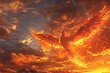 A majestic phoenix rising from ashes under a twilight sky its feathers glowing with fire