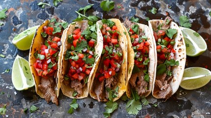 Wall Mural - Fresh Homemade Tacos with Beef, Chopped Tomatoes, Lettuce, Cheese, and Cilantro on Rustic Background, Mexican Cuisine Concept