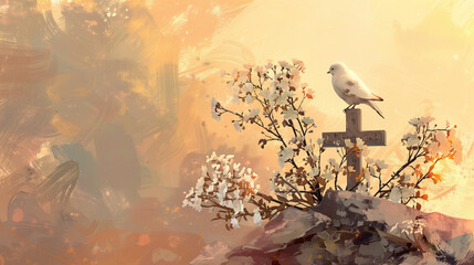 Wall Mural - A Holy Week Tribute featuring a Crucifix, White Pigeon, and Delicate White Flowers