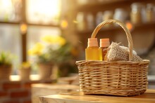 A Basket With A Lotion And Soap
