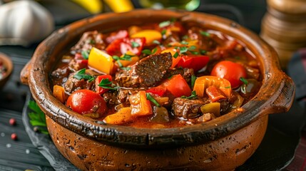 Wall Mural - Hearty Beef and Vegetable Stew in a Rustic Clay Pot on Wooden Table - Traditional Homemade Comfort Food