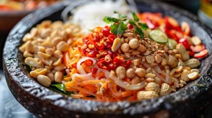 Delicious Traditional Asian Rice Dish with Peanuts, Fresh Herbs, Spicy Chilies, and Savory Sauces in a Stone Bowl