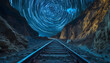 Train tracks daringly spiral upwards - leading into an endless starry abyss - journeying into the depths of imagination's mysteries - wide format
