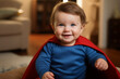 A cute little baby boy dressed in a superhero costume walks through the living room at home