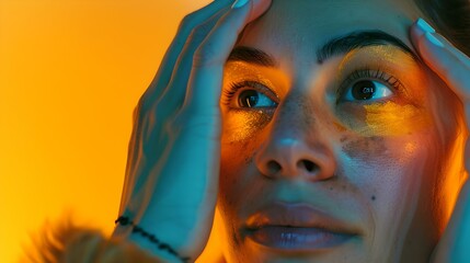 Poster - Contemplative young woman in neon light reflecting on her face. intimate portrait, modern style, dramatic atmosphere. AI