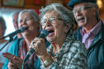 Wall Mural - Senior friend group singing karaoke. Fun retirement birthday activity