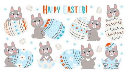 Wall Mural - Happy Easter bunny cute characters and painted eggs with decorative prints spring holiday set