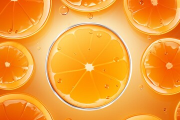 Wall Mural - Cosmetic product display background with orange glass or vitamin C and orange fruit in top view. design of circular glass disks for packaging presentation. vector design. 