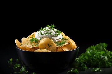 Wall Mural - Potato chips with sour cream and parsley on a black background. copy space