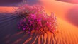 Vibrant pink flowers burst through the sand dunes under the warm glow of a desert sunset.