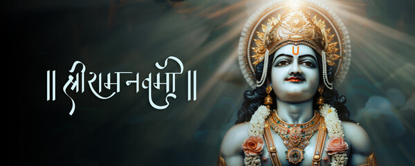 Poster - Shri Ram Navami (Lord Rama Birthday) Celebration Banner with Hindu God Avatar of Lord Rama Surrounding the Divine Figure and Highlighting His Presence.