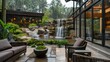 A peaceful backyard setting with a waterfall feature beside a modern glass extension.