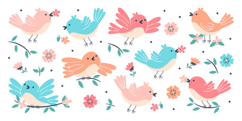 Poster - Cute spring birds flying, tweeting surrounded with floral design elements vector illustration