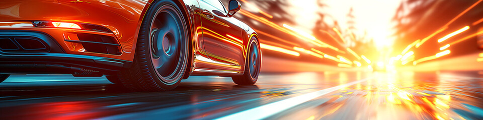 Wall Mural - back rear wheel of fast moving car with motion blur on asphalt close-up. Luxury sports car