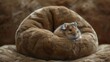 A small brown and white hamster sitting in a furry bean bag, AI