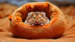 A small hamster is sitting in a little orange ball, AI
