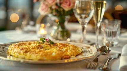 Exquisite serving of omelette for breakfast in a luxury restaurant. The table for two is elegantly set with crystal glasses, silverware and a small vase of fresh flowers.