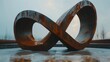 A large metal sculpture of an infinity symbol on a concrete surface, AI