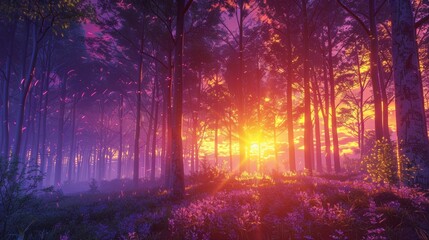 Sticker - A forest with purple flowers and a sunset in the background, AI