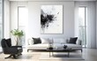 © your_inspiration - Living room interior design. Minimalistic style art studio space mockup. Huge white framed blank art canvas on large wall in minimal room. Soft day light. Gallery, exhibition, exposure. AI Generative.