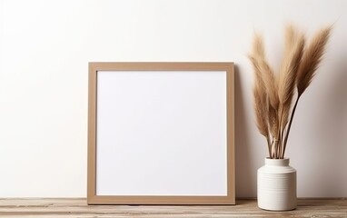 Wall Mural - Minimalistic design. Mock up poster frame, vase with dry pampas grass in vase on wooden shelf and white wall background. Natural concept. Clay, glass, paper and wood. AI Generative.