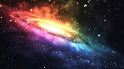 Wall Mural - Cosmic galaxy illustration with stars and nebula on a black background, highlighted by a rainbow flare.