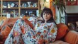A woman in pajamas sitting on a couch with plants, AI