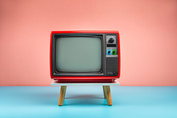 Retro red old television on a stand with blank screen with copy space, colorful vintage analog TV with pink wall background.