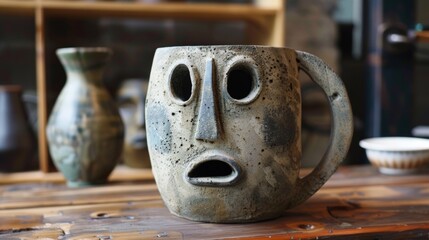 Poster - A ceramic mug with a face on it sitting next to other vases, AI