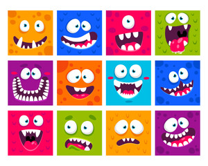 Wall Mural - Colorful cartoon square monster scary faces masks with creepy mouth and eyes vector illustration