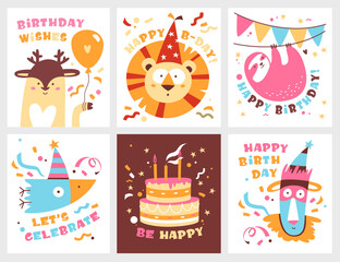 Wall Mural - Happy birthday greeting cards set with cute kawaii animals and funny design vector illustration
