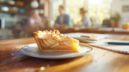 Celebration of world PI day with delicious apple pie on a wooden desk blurred students and teacher in background.