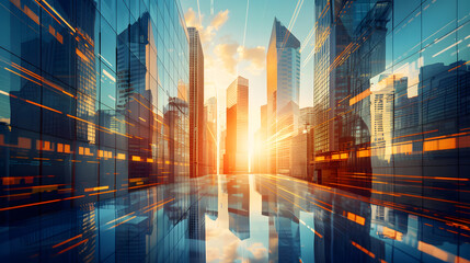 Wall Mural - Picture of modern skyscrapers of a smart city, futuristic financial district with buildings and reflections , blue color background for corporate and business template with warm sun rays of light