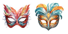Set Of Two Carnival Face Masks Clipart Watercolor Illustration On Transparent Background, 