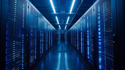 Canvas Print - A long hallway with rows of servers and blue lights, AI