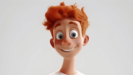 Wall Mural - Happy smiling cartoon character boy kid teenager young man ginger hair person in 3d style. Human people feelings expression concept